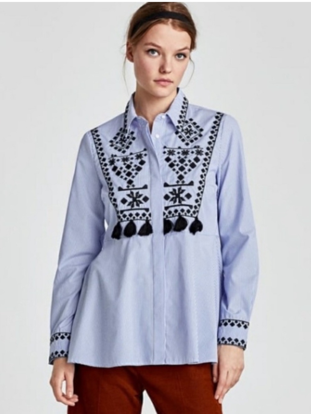 Zara Embroidered Pin Stripe Tassel Blue Peplum Button Tunic Blouse Preppy S